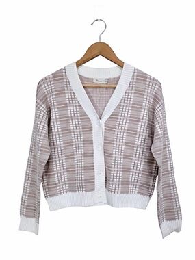 The Commons Stitch Fix Plaid V-Neck Button Up Cardigan Beige White Large NWT